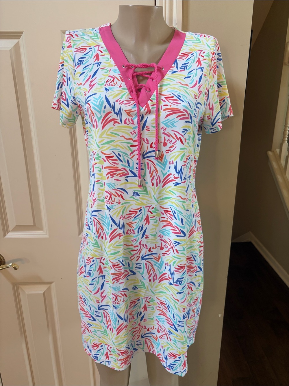 Lulu-B Multicolor Leaf Print Lace-Up Dress with Pink Trim
